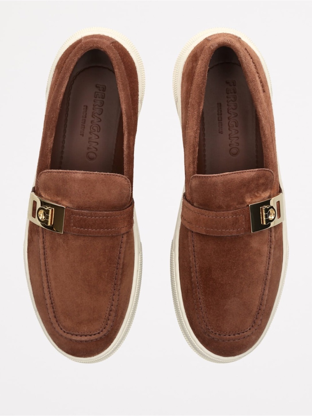 Salvatore Ferragamo Brown Suede Loafers with Gold Hardware, never worn